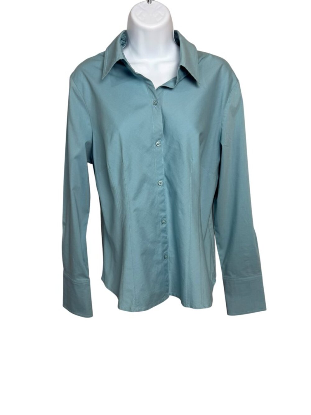 Worthington Women's 14P Petite Blue Stretch Button Front Career Dress Shirt Long